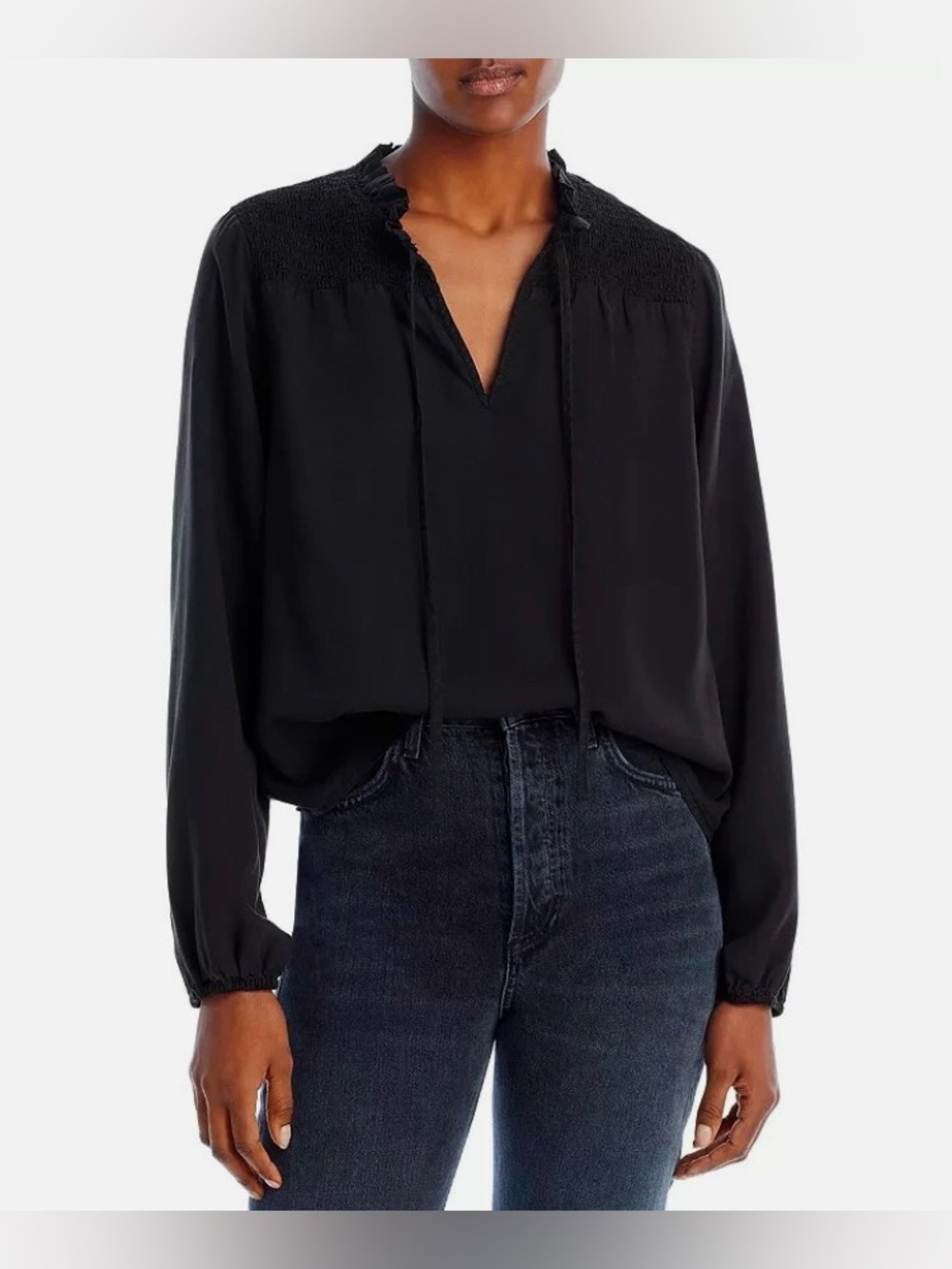 AQUA Black Penelope Smocked Peasant Blouse